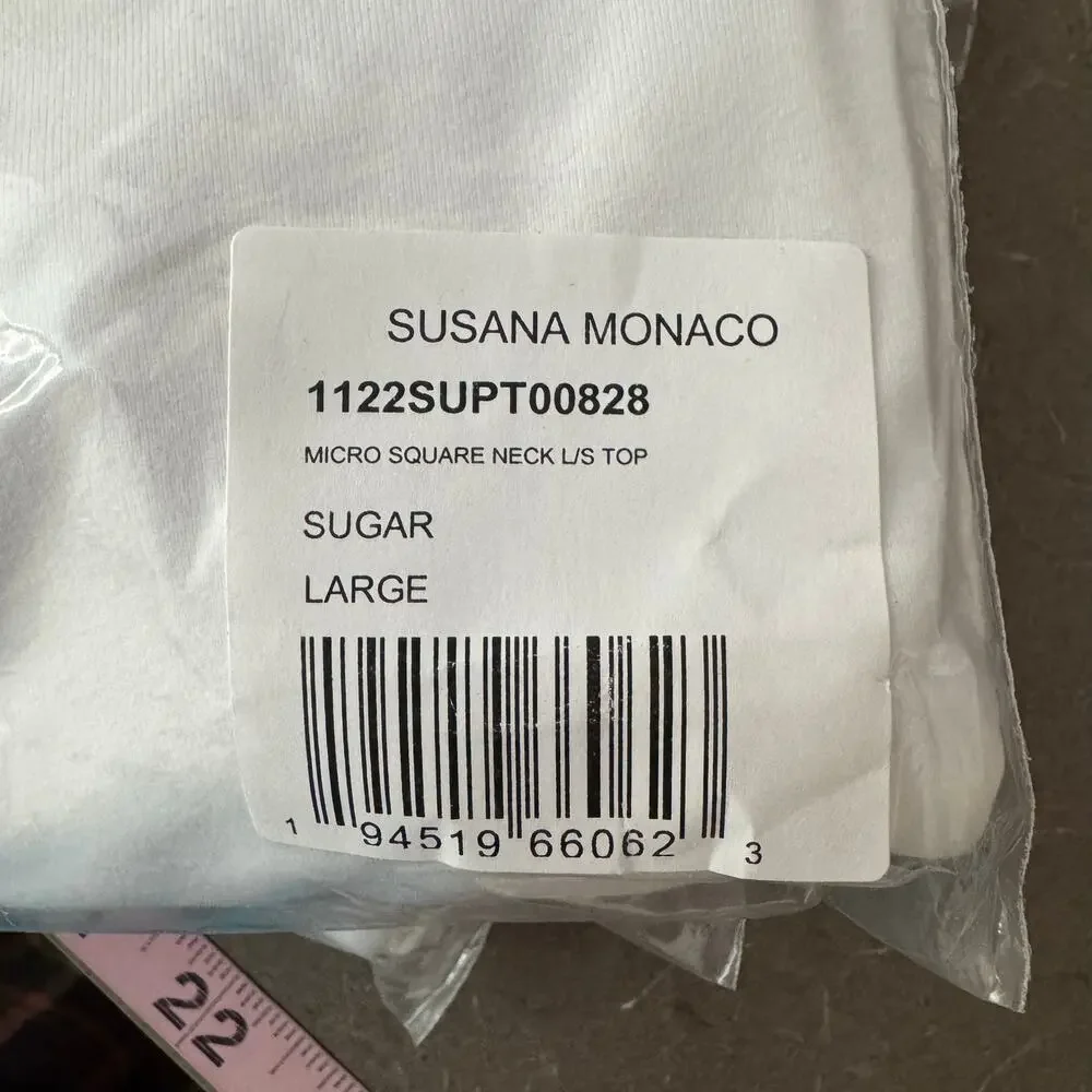 Susana Monaco Micro Square Neck Long Sleeve Top - White NWT Size Large